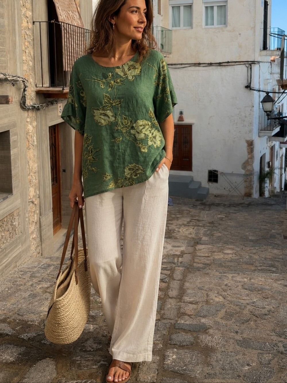 Gigi Moda Green Floral 100% Linen Short Sleeve Top One Size Made In Italy